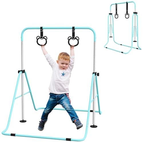 Image of HOMCOM Kids Gymnastics Bar, Horizontal Training Kip Bar for Kids, Adjustable Height Folding Gymnastics Equipment with Hand Grips, Non-slip Rubber Pads, for Home, Flat, Green