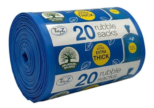 Image of 20 TidyZ Heavy-Duty Rubble Sacks. Made from 100% Recycled Plastic. Extra Strong and Thick Builders Bags. For DIY Construction, Building Site Debris, Garden Waste. 32L Blue Waste Bags