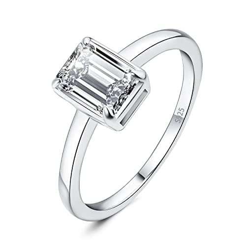 Image of JewelryPalace Classic 1ct Emerald Cut Moissanite Solitaire Engagement Rings for Women, 14K White Gold Plated 925 Sterling Silver Promise Ring for Her, Anniversary Wedding Rings Size J