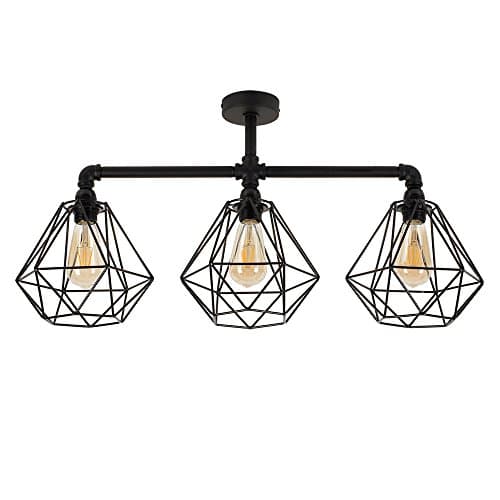 Image of MiniSun | Industrial Steampunk Satin Black 3 Way Bar Pipework Ceiling Light with Basket Cage Black Metal Shades | Pendant Lights, Home Décor & Improvement Essential | Mains Wired