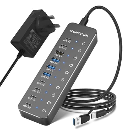 Image of RSHTECH Powered USB C/3.2 Hub 60W, 10 Port USB HUB with 3x 10Gbps USB 3.2 Ports (2C+1A), 7x 5Gbps USB 3.0 Ports (4C+3A), 3.3ft USB-C/A Cable and 12V/5A Power Adapter