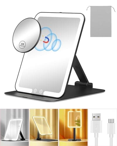 Image of Gospire Travel Makeup Mirror with Lights and Magnification 10X, Portable Make Up Compact Tabletop Mirror with Adjustable Stand, 3 Colored Lights Rechargeable Lighted LED Vanity Mirror - Black