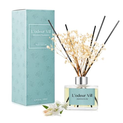 Image of L'odeur Vill Reed Diffuser Set, 200ml Luxury Home Fragrance Diffuser with 6 Fiber Sticks, Long Lasting Scented Aromatherapy for Bedroom Bathroom Living Room Office, (Jasmine Lily)