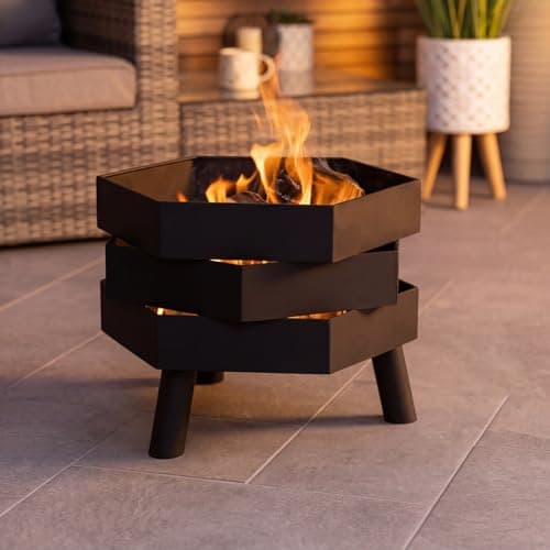 Image of CHARLES BENTLEY Hexagonal 46cm Black Powder Coated Steel Modern Firepit, Wood And Charcoal Burner, Rust Resistant, Heat Resistant, Poker Included, Contemporary, Hexagon Design, In Black (46x46x35.5cm)