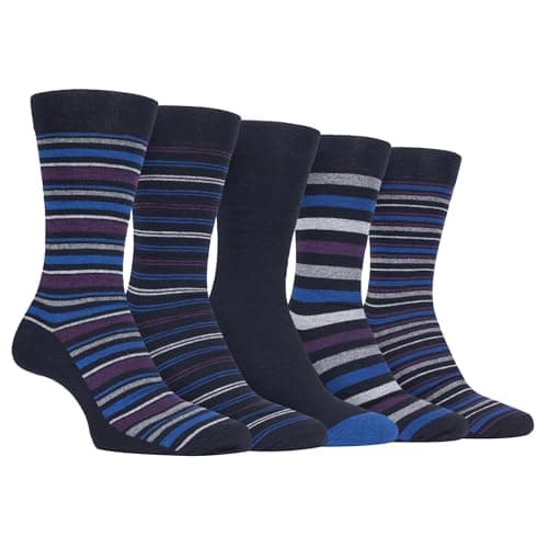 Image of Farah - 5 Pack Mens Thin Breathable Classic Patterned Soft Top Office Cotton Dress Socks (6-11 uk, CS191NVYPUR (Striped))