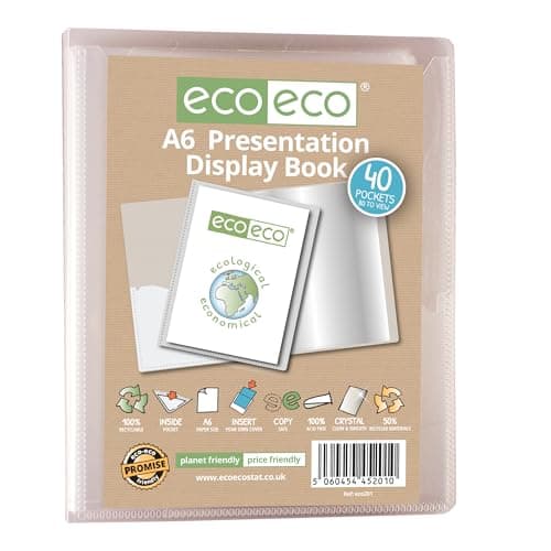 Image of eco-eco A6 Size 50 Percent Recycled 40 Pocket Clear Presentation Display Book, Storage Case Portfolio Art Folder with Plastic Sleeves, eco201