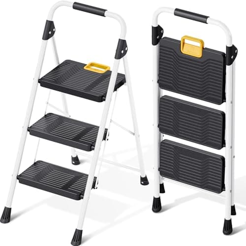 Image of KINGRACK 3 Step Ladder, Sturdy Steel Folding Step Stool with Safe-Lock Design, Handrail, Anti-Slip Wide Pedals, Pass 150 KG Load Testing, Portable Stepladder for Multi-Purpose, Home, Kitchen, White