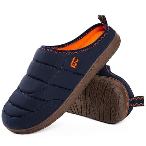Image of LongBay Men's Two-Tone Slippers Memory Foam Warm Fleece House Shoes Camping Slip On Indoor Outdoor Navy Blue,11