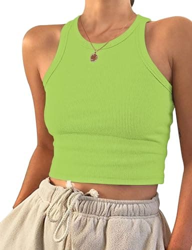 Image of PLOKNRD Womens Tops Ladies Crop Tank Top Vests Summer Basic Clothing Green S