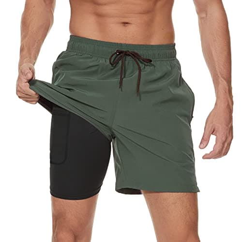 Image of Arcweg Men's Swim Trunks Mens Swimming Shorts with Compression Liner Quick Dry Stretchy 2 in 1 Board Shorts with Zipper Pockets 4XL（UK Army Green