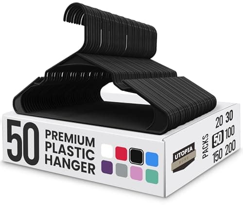 Image of Utopia Home 50 Pack Premium Plastic Clothes Hangers - Durable Coat Hangers Adult with Trouser Bar & Shoulder Grooves, Space Saving Non-Slip Design for Coats, Jackets, Shirts & Suits - Black