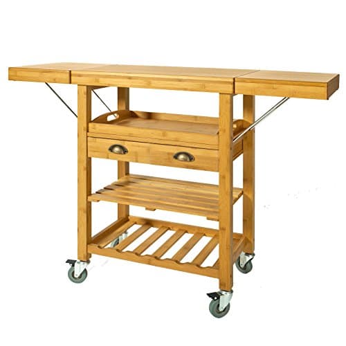 Image of SoBuy Bamboo Kitchen Trolley on Wheels, Space-Saving Rolling Cart with Drop-Leaf Worktop, Small Kitchen Trolley with Drawers & Open Shelves for Kitchen & Dining Room, W(65-125) x D40 x H92 cm FKW25-N