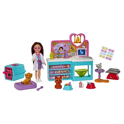 Image of Barbie Chelsea Doll and Accessories, Pet Vet Playset with Doll, 4 Animals and 18 Pieces​​​, HGT12