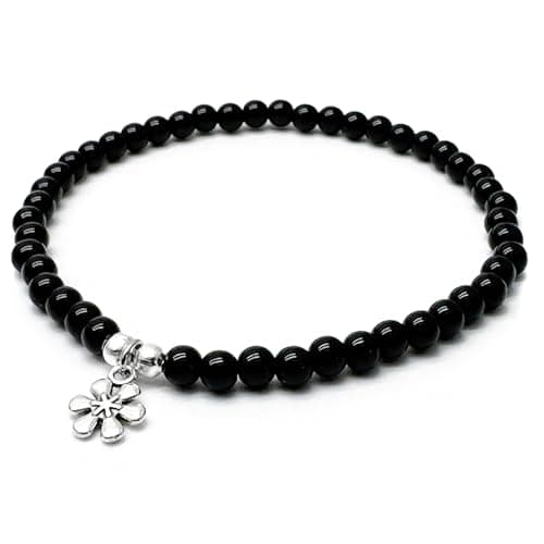 Image of Daisy Flower Charm Anklet, 6mm Black Acrylic Beads on Elastic with Silver Tone Charm : Size M/L 10 inches, Beach Boho Surfer Floral Jewellery for Women