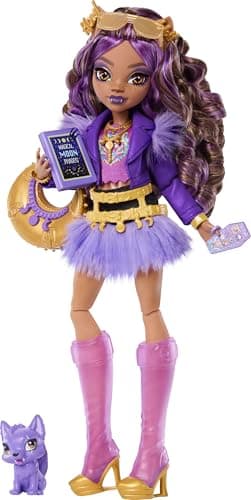 Image of Monster High Doll, Clawdeen Wolf in Purple Moto Jacket and Furry Skirt with Pet Wolf Pup Crescent and 7 Accessories like Book, Croissant and Purse, JHK30