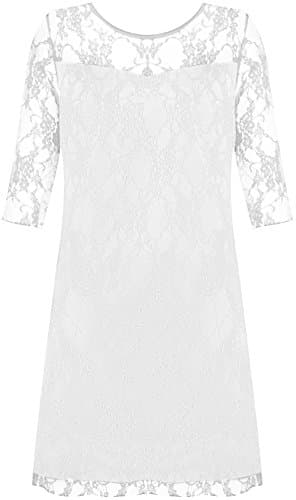 Image of Miss Trendy Plus Size Knee Length Lace Dress for Women – 3/4 Sleeve Lined Stretch Bodycon Party Dress with Keyhole Back Detail – Elegant Evening Wear White 26/28