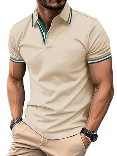 Image of geeksport Men's Polo Shirt Short Sleeve Golf Polo Outdoor Breathable Tops for Mens Sports T-Shirt Work Tee Beige L