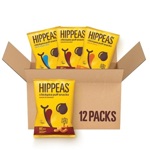 Image of Hippeas Variety Pack Chickpea Puff Vegan Crisps | 12 x 22g Sharing Bags | Plant-Based, Source of Protein & Fibre | Free from Gluten & Artificial Flavours | Light & Crunchy - 91 calories per serving