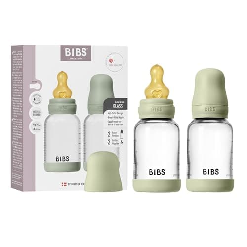 Image of BIBS Baby Glass Bottle 2-Pack 120ml. Anti-Colic. Vented Round Natural Rubber Latex Nipple. Supports Natural Breastfeeding, Complete Set - 120 ml (Pack of 2), Sage