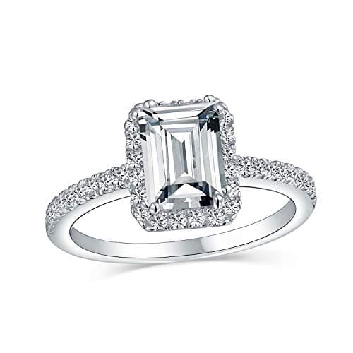 Image of Timeless Classic Elegant Halo AAA CZ Art Deco Style Clear Rectangle Emerald Cut Engagement Ring For Women Cubic Zirconia Pave Thin 1 MM Band .925 Sterling Silver