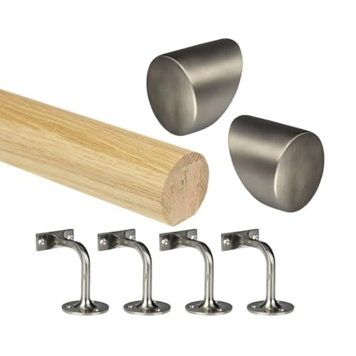 Image of Oak Round Mopstick Handrail Kit with Wall Brackets & Forge End Caps – 1800–4200mm, Chrome/Black/Brushed Nickel/Antique Brass (Brushed Nickel, 3600mm)