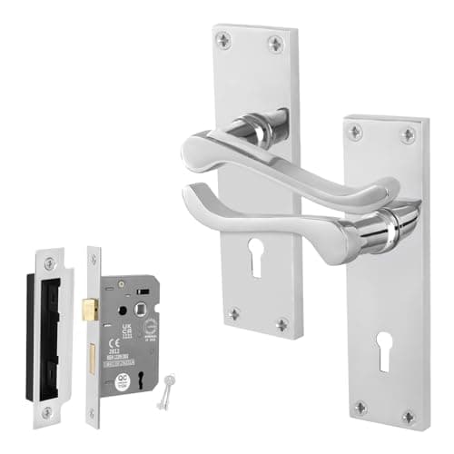 Image of EAI Chrome Victorian Scroll Lock Handle Set, 1 Pair Polished Chrome Internal Lever Door Handles on Backplate and Lock 64mm
