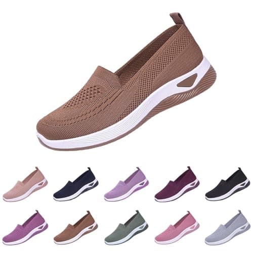 Image of Ladies Shoes Sale Slip On Trainers Women Wide Fit Ladies Breathable Mesh Walking Running Shoes Comfortable Arch Support Soft Sole Athletic Tennis Items Brown 6