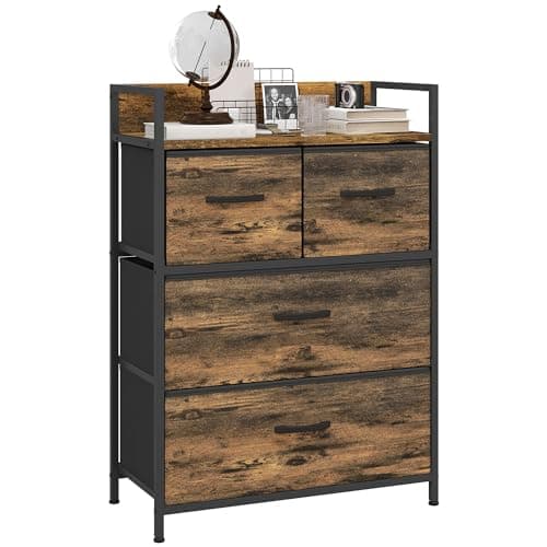 Image of HOMCOM Bedroom Chest of Drawers, Fabric Dresser with 4 Drawers, Storage Organiser Unit with Open Shelf and Metal Frame for Living Room, Entryway, Rustic Brown