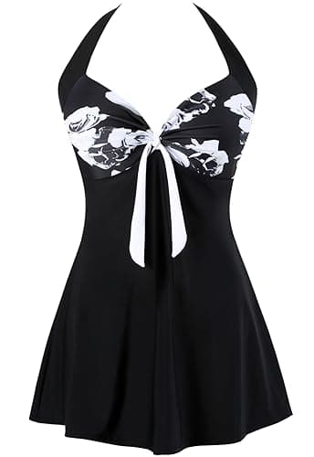 Image of Sixyotie Women's Plus Size Swimsuit One Piece Swim Dress with Skirt Tummy Control Swimwear (Black Flower, 3XL)
