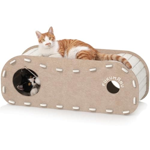 Image of FUKUMARU Cat Beds for Indoor Pets, 31.5 Inches Extra-Large Cat Cave for Multi-Pet, Cozy House with Fluffy Ball Hanging, Scratch Resistant Felt Kitten Hideaway Bed, Feline Tunnel, Beige