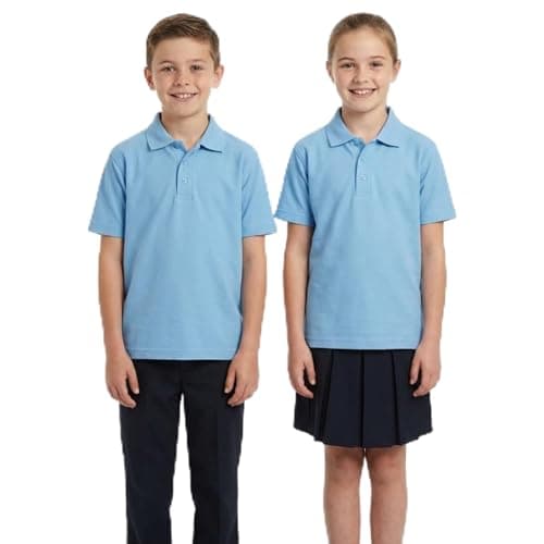 Image of Kids Polo Shirt Boys Girls School Uniform Plain Short Sleeve Cotton Polycotton Childrens T-Shirt PE Sports Top Back to School Sky Blue 11-13 Year