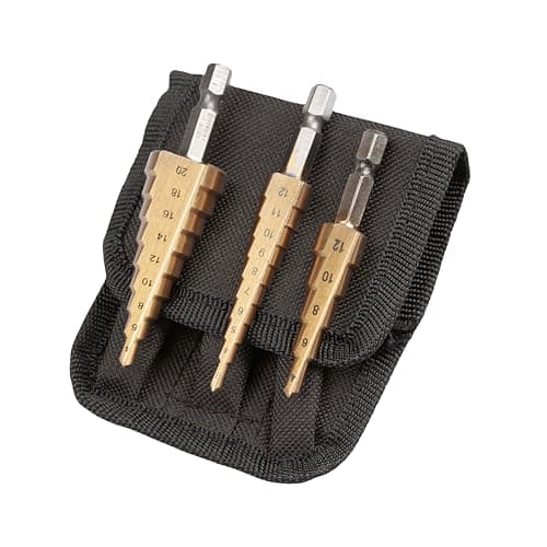 Image of UK Drills HSS Step Drill Bits Set Titanium Coated 3pc 3-20mm for Drilling on Hard Metal, Stainless Steel, Cast Iron