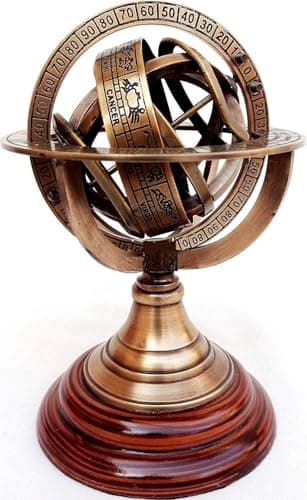 Image of 18" Brass Armillary Sphere Astrolabe On Wooden Base Maritime Nautical & Collectible Rustic Vintage Home Decor Gifts