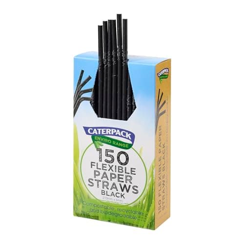 Image of Caterpack Enviro - 150 Pack Black Paper Straws - Flexi Bendable, Compostable Biodegradable, Eco-Friendly, Strong & Sustainable, Recyclable Drinking Straws For Catering, Parties, Restaurants, 210 x 6mm