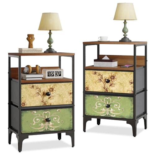 Image of LYNCOHOME Bedside Tables set of 2,Bed Side Table for Bedroom, Nightstand with 2 Storage Fabric Drawers and Metal Frame for Bedroom,Living Room