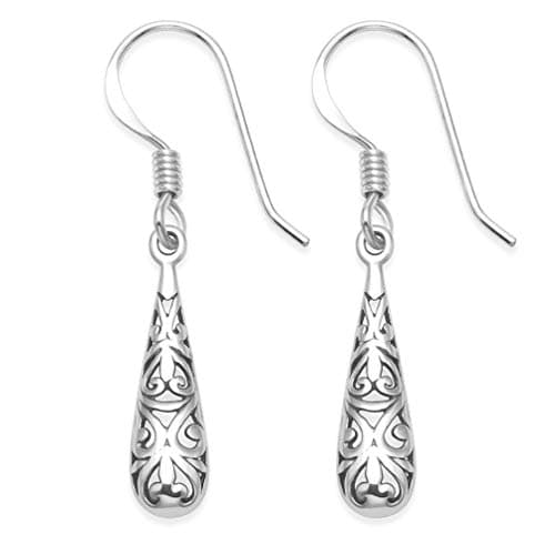 Image of Sterling Silver Filigree Teardrop Earrings - SIZE: 5.5mm x 20mm (34 inc.wire) - Gift Boxed. SMALL & DAINTY. Not double sided. 6158