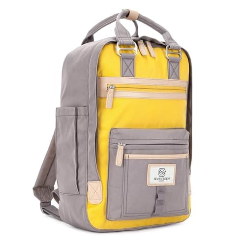 Image of SEVENTEEN LONDON – Modern Urban Unisex Grey & Yellow 'Wimbledon' Backpack in a Classic Slim Simple Design – Fits Laptop up to 13”