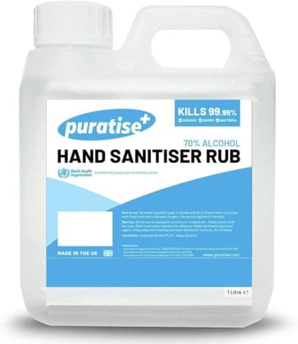 Image of Hand Sanitiser PURATISE 1L Hand Sanitiser Alcohol Liquid RUB - 70% Hand Sanitizer Kills 99.99% of Germs & Bacteria - x1 MADE IN THE UK