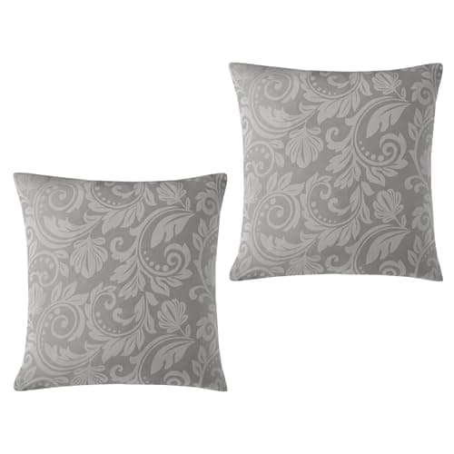 Image of Set of 2 Cotton Rich Jacquard Cushion Covers 45 x 45cm Floral Prints Zipped Machine Washable Strong & Smooth No Insert Pad [Silver 217]