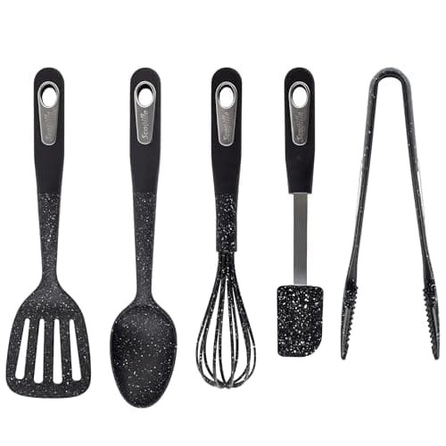 Image of Scoville 5 Piece Kitchen Utensils Set, Cooking Utensils for Non Stick Kitchenware, Includes Slotted Turner, Solid Spoon, Whisk, Silicone Spatula & Kitchen Tongs, Dishwasher Safe, Anti Scratch, Black
