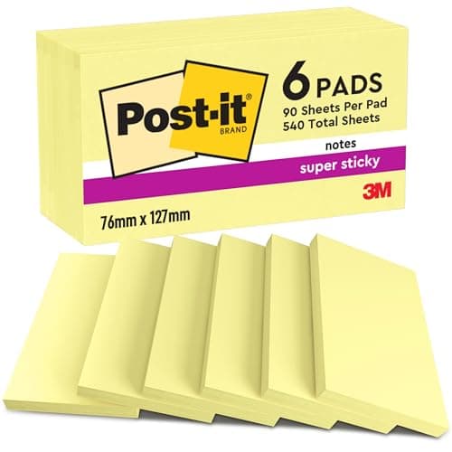 Image of Post-it Super Sticky Notes, Double The Sticking Power, 6 Pads, 540 Sheets, 76 mm x 127 mm, Canary Yellow - Self-Sticking Notes for Walls, Monitors and Fridge