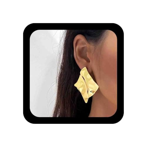 Image of Cybche Irregular Square Earrings Gold Exaggerated Square Stud Earrings Geometric Crumpled Earrings Metal Hammered Square Earrings Large Statement Dangle Earrings Jewelry for Women