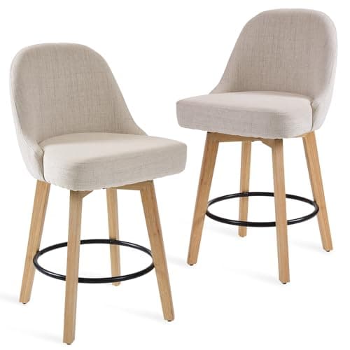 Image of Warmiehomy Set of 2 Bar Stools with Back and Wooden Legs, Modern Linen Fabric Upholstered Barstools, 65cm Seat Height Swivel Kitchen Breakfast Bar Chairs Stools for Kitchen Counter, (Beige, 2pcs)