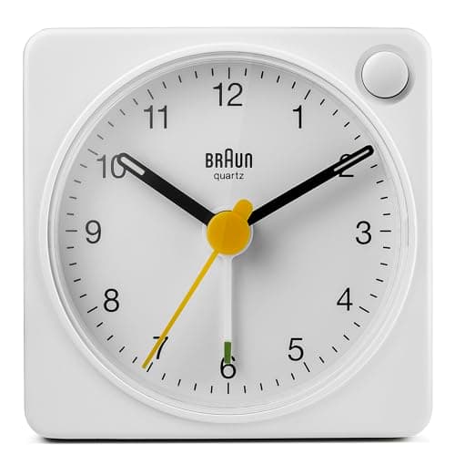 Image of Braun Classic Travel Analogue Alarm Clock with Snooze and Light, Compact Size, Quiet Quartz Movement, Crescendo Beep Alarm in White, model BC02XW.