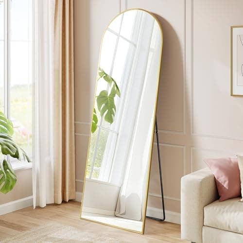 Image of SONGMICS Full Length Mirror, 150 x 40 cm, Arched Full Body Mirror with Stand, Aluminium Alloy Frame Floor Mirror, Tempered Glass, for Bedroom, Living Room, Cloakroom, Pale Gold LFM035AB01