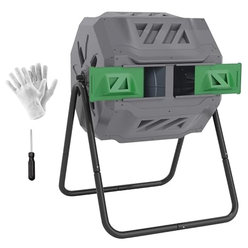 Image of Outsunny 160L Tumbling Compost Bin Outdoor Dual Chamber 360° Rotating Composter, Garden Compost Bin w/Sliding Doors & Solid Steel Frame, Grey