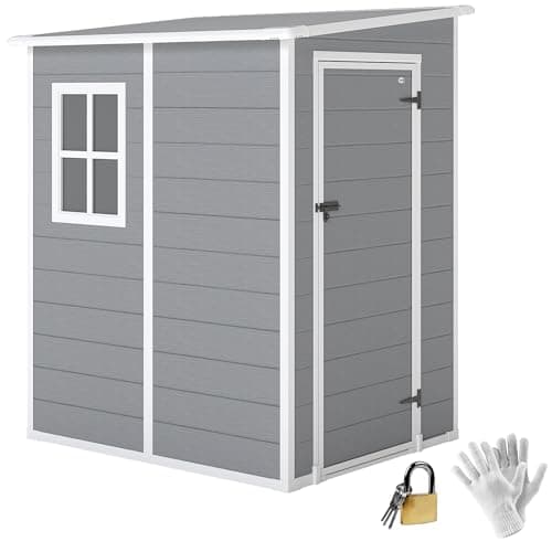 Image of Outsunny 4 x 5FT Plastic Garden Shed with Floor, Lean to Outdoor Storage Shed, Lockable Tool Storage House with Window, Vent and Plastic Roof, Grey