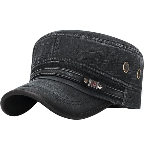Image of YeeHeen Unisex Cadet Army Cap Adjustable Flat Top Cap Washed Cotton Military Hat Baseball Cap Black 1