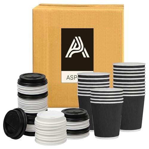 Image of Aspect Disposable Coffee Cups with Lids 8oz (240ml) 25 Pack Black Triple Wall Ripple Paper Cups, Insulated Leakproof Takeaway Cups for Hot & Cold Drinks, Tea, Coffee, Soup, Office, Party & Travel