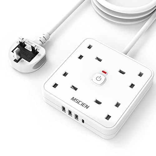 Image of 3M 4 Way Extension Lead with 4 USB Slots (1 USB-C + 3 USB-A), Mscien White Wall-Mounted Extension Socket with Switch and LED Indicator for Living Room, Bedroom, Kitchen, Office